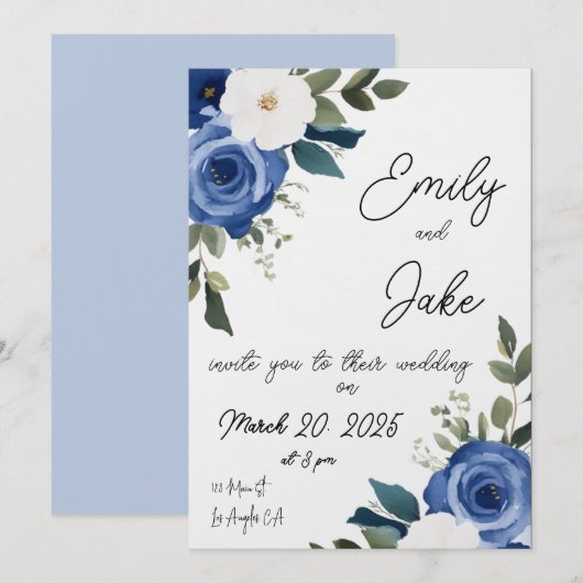 Blue Pastel Bloemen Huwelijksuitnodiging Kaart (Voorkant / Achterkant)