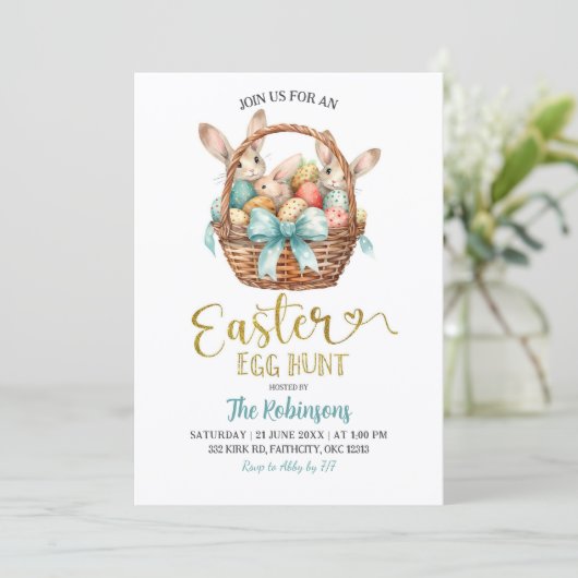 Blue Pastel Bow Bunny Basket Easter Egg Hunt Party Kaart (Staand voorkant)