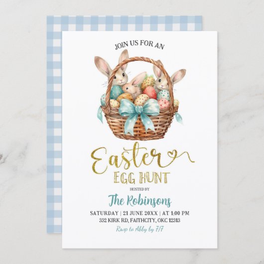 Blue Pastel Bow Bunny Basket Easter Egg Hunt Party Kaart (Voorkant / Achterkant)