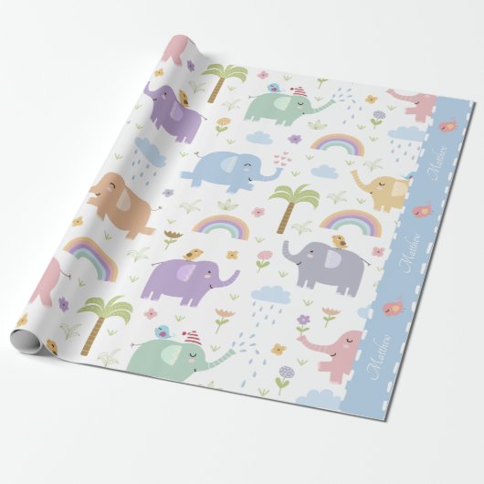 Blue Pastel Elephant Pattern for Little Boy Party Cadeaupapier (Uitgerold)