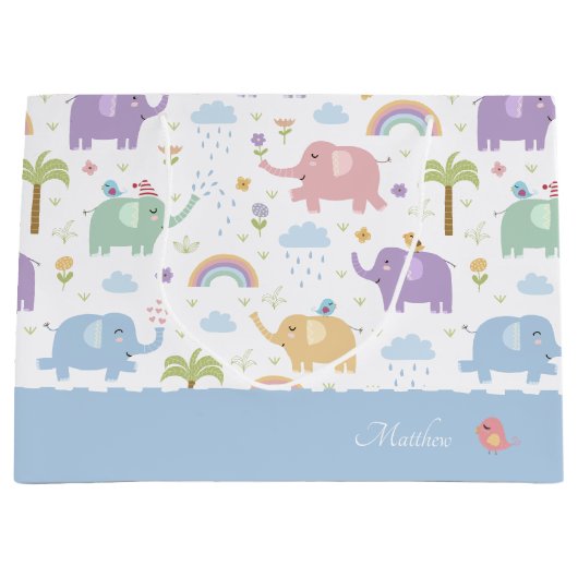 Blue Pastel Elephant Pattern for Little Boy Party Groot Cadeauzakje (Voorkant)