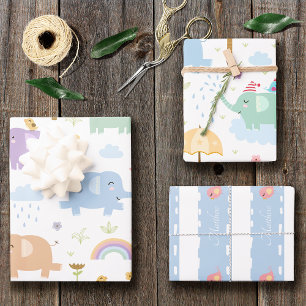 Blue Pastel Elephant Pattern for Little Boy Party Inpakpapier Vel