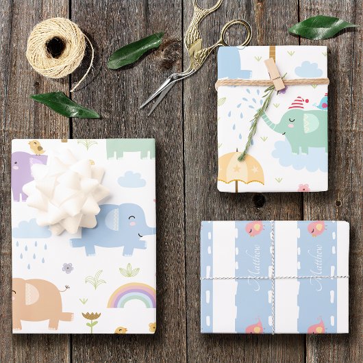 Blue Pastel Elephant Pattern for Little Boy Party Inpakpapier Vel