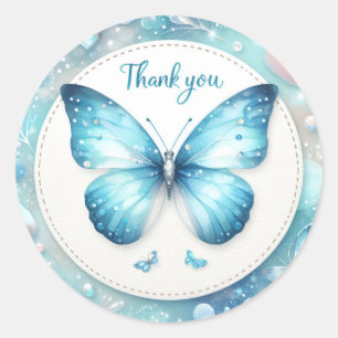 Blue Pastel Glitter Butterfly - Dank u - Ronde Sticker