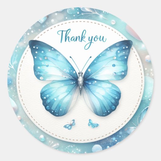 Blue Pastel Glitter Butterfly - Dank u - Ronde Sticker (Voorkant)