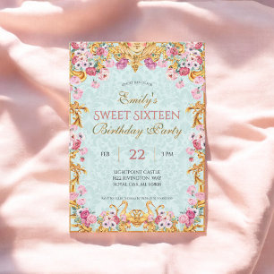 Blue Pastel Gold Sweet Sixteen Rococo Verjaardag Kaart