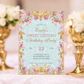Blue Pastel Gold Sweet Sixteen Rococo Verjaardag Kaart