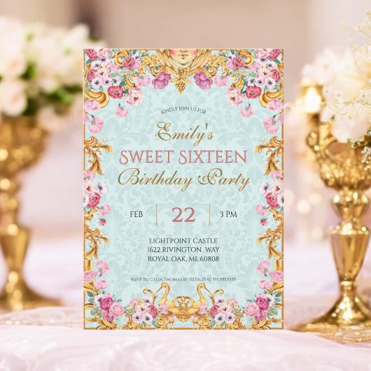 Blue Pastel Gold Sweet Sixteen Rococo Verjaardag Kaart