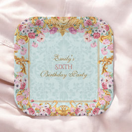 Blue Pastel Gold Zesde Barokke Rococo Verjaardag Papieren Bordje
