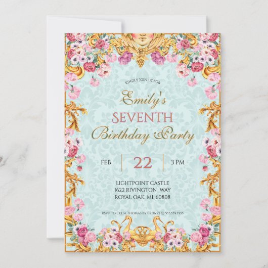Blue Pastel Gold Zevende Barokke Rococo Verjaardag Kaart (Voorkant)