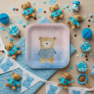 Blue pastel leuk beer het is een jongetje papieren bordje