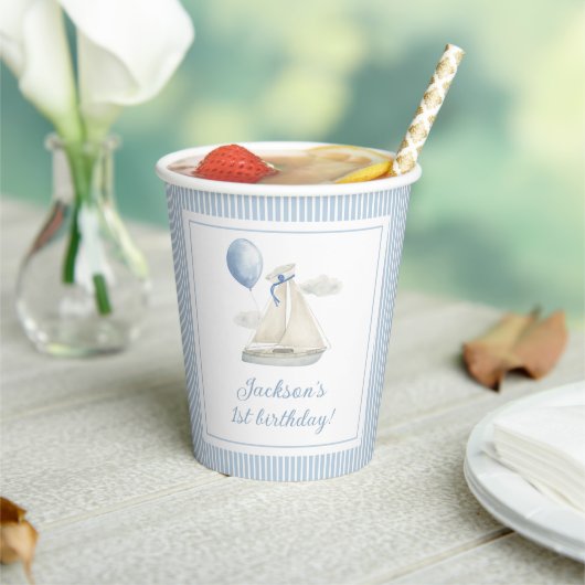 Blue Pastel Nautical Sail Boat 1e verjaardag Papieren Bekers (Insitu)