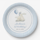 Blue Pastel Nautical Sail Boat 1e verjaardag Papieren Bordje (Voorkant)
