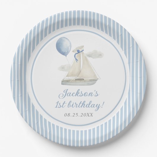 Blue Pastel Nautical Sail Boat 1e verjaardag Papieren Bordje (Voorkant)
