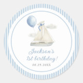 Blue Pastel Nautical Sail Boat 1e verjaardag Ronde Sticker (Voorkant)