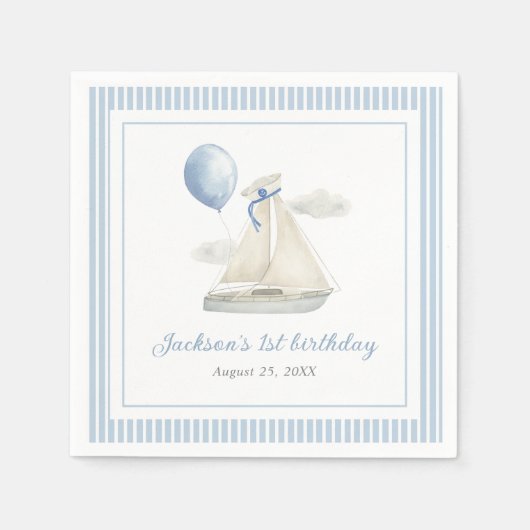 Blue Pastel Nautical Sail Boat 1e verjaardag Servet (Voorkant)