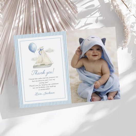 Blue Pastel Nautical Sail Boat 1st Birthday Foto Bedankkaart