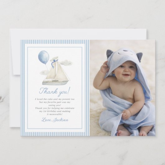 Blue Pastel Nautical Sail Boat 1st Birthday Foto Bedankkaart (Voorkant)