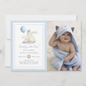Blue Pastel Nautical Sail Boat 1st Birthday Foto Kaart (Voorkant)