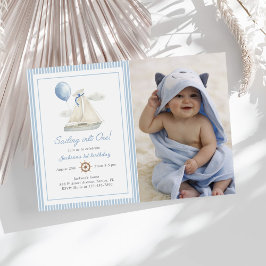 Blue Pastel Nautical Sail Boat 1st Birthday Foto Kaart