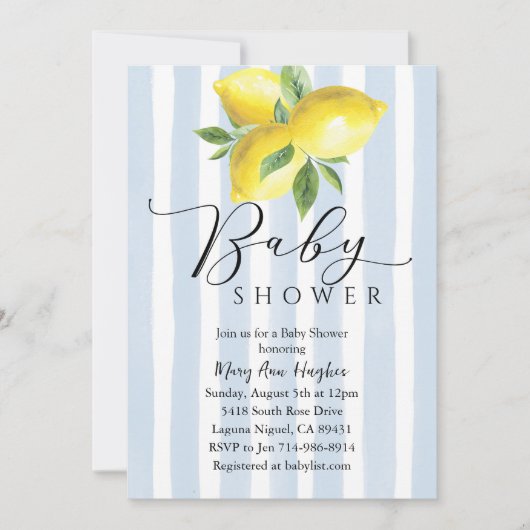 Blue Pastel Stripes Citroen Baby shower Kaart (Voorkant)