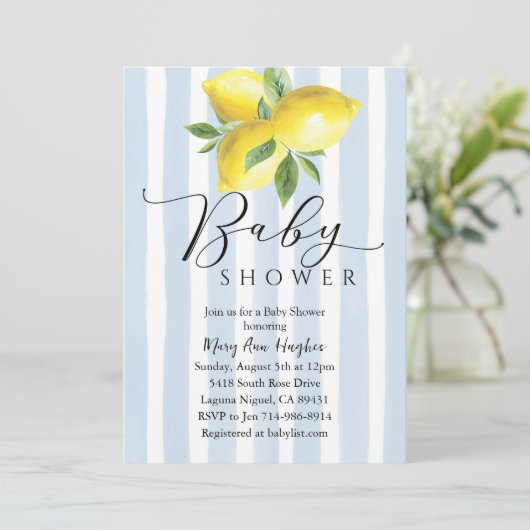 Blue Pastel Stripes Citroen Baby shower Kaart (Staand voorkant)