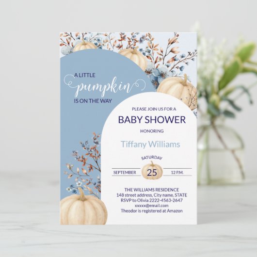 Blue Pastel Waterverf Pompoen herfst wilde bloemen Kaart (Staand voorkant)