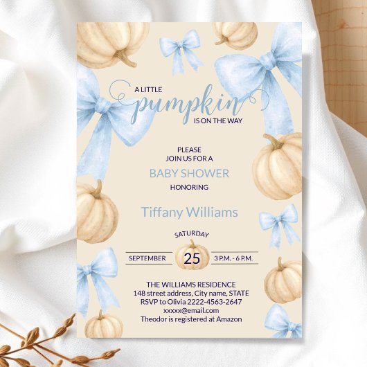 Blue Pastel Waterverf Pompoen strik lint Kaart