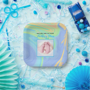 Blue Pastel Welcome First Born Foto Papieren Bordje