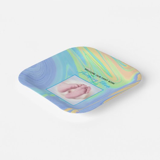 Blue Pastel Welcome First Geboren Foto Papieren Bordje (Gebogen)