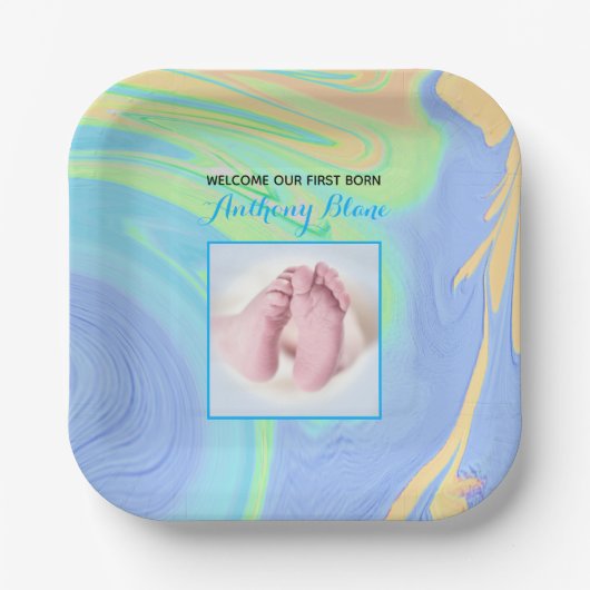 Blue Pastel Welcome First Geboren Foto Papieren Bordje (Voorkant)