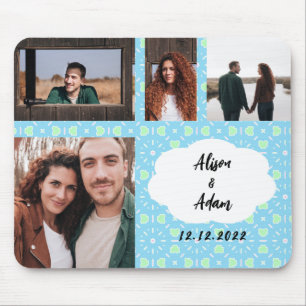 Blue Pattern Couple Photo Collage met namen Muismat