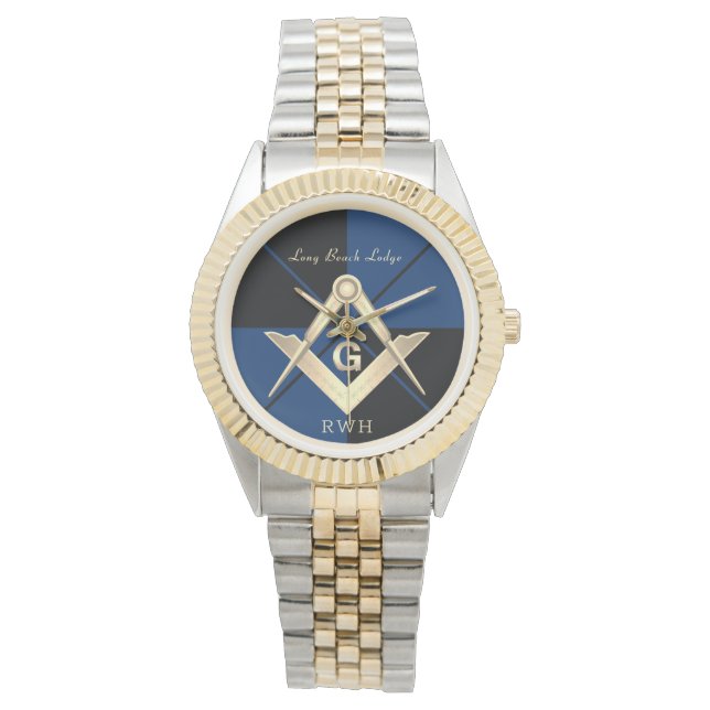 Blue Pattern Monogram Masonic Lodge Watch Horloge (Voorkant)
