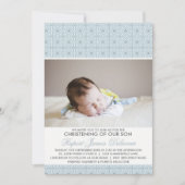 Blue Pattern Photo Christening Invitation Kaart (Voorkant)