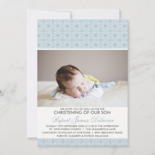 Blue  Pattern Photo Christening Invitation Kaart (Voorkant)