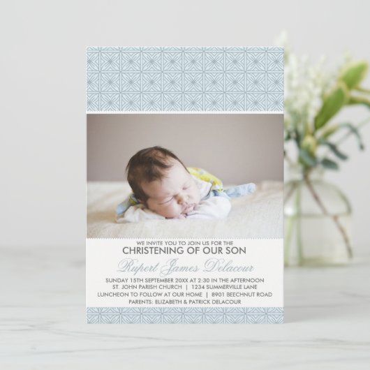 Blue  Pattern Photo Christening Invitation Kaart (Staand voorkant)