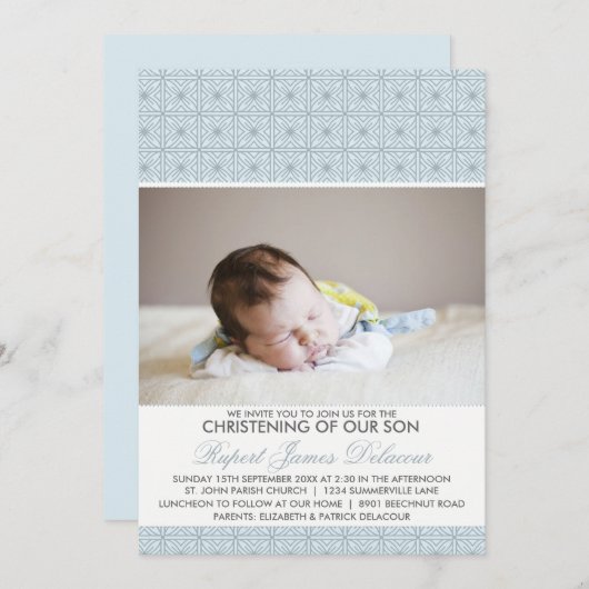 Blue Pattern Photo Christening Invitation Kaart (Voorkant / Achterkant)
