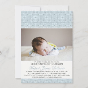 Blue  Pattern Photo Christening Invitation Kaart
