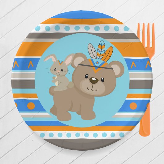 Blue Patterned Woodland Beer & Bunny Party Papieren Bordje