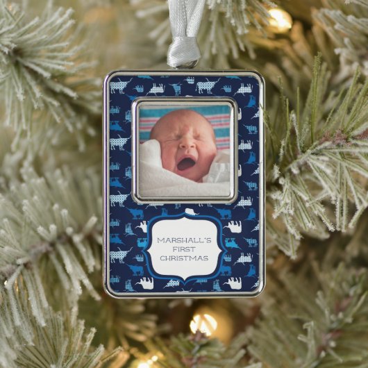 Blue Patterns Longhorns Pattern Foto Kerstmis O Verzilverd Omlijst Ornament (Boom)