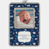 Blue Patterns Longhorns Pattern Foto Kerstmis O Verzilverd Omlijst Ornament (Voorkant)