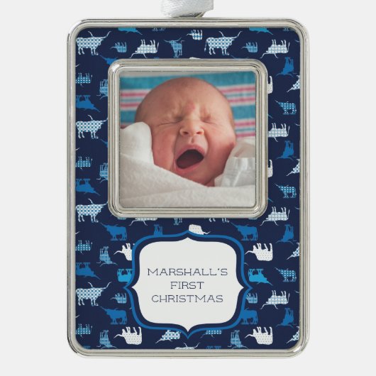 Blue Patterns Longhorns Pattern Foto Kerstmis O Verzilverd Omlijst Ornament (Voorkant)