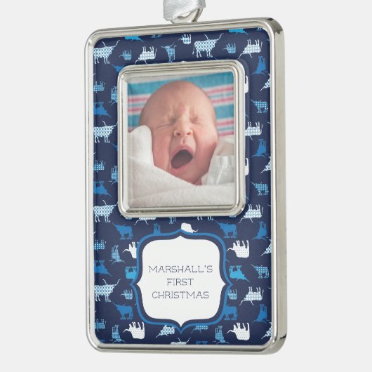 Blue Patterns Longhorns Pattern Foto Kerstmis O Verzilverd Omlijst Ornament (Links)
