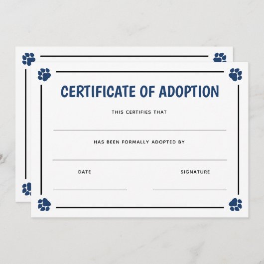 Blue Paw Print Lijst Huisdier Certificaat van Adop (Voorkant / Achterkant)