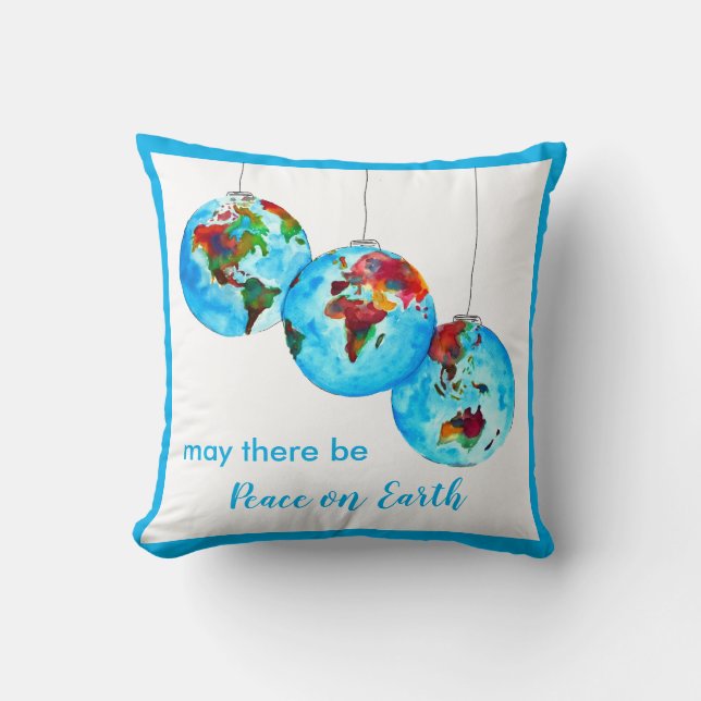 Blue Peace on Earth Waterverf Holiday Gift Kussen (Voorkant)