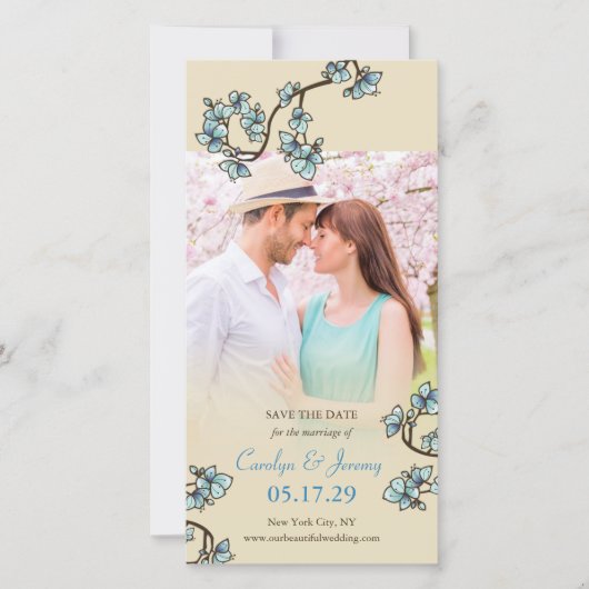 Blue Peach bloesems Asian Save the Date Photo Card (Voorkant)