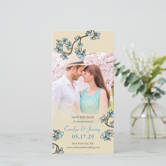 Blue Peach bloesems Asian Save the Date Photo Card (Staand voorkant)