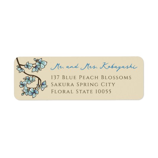Blue Peach Blossom Flowers Asian Weddenschap Addre Etiket (Voorkant)
