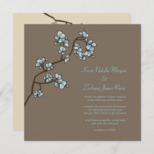 Blue Peach Blossom Sakura Asian Wedding Invite Kaart (Voorkant / Achterkant)