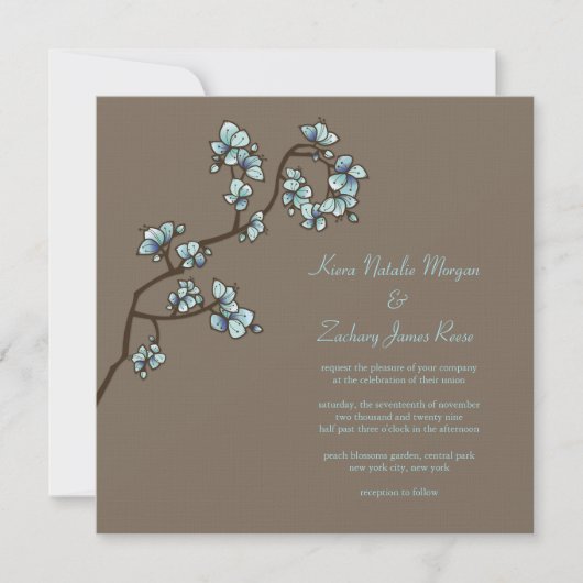 Blue Peach Blossom Sakura Asian Wedding Invite Kaart (Voorkant)